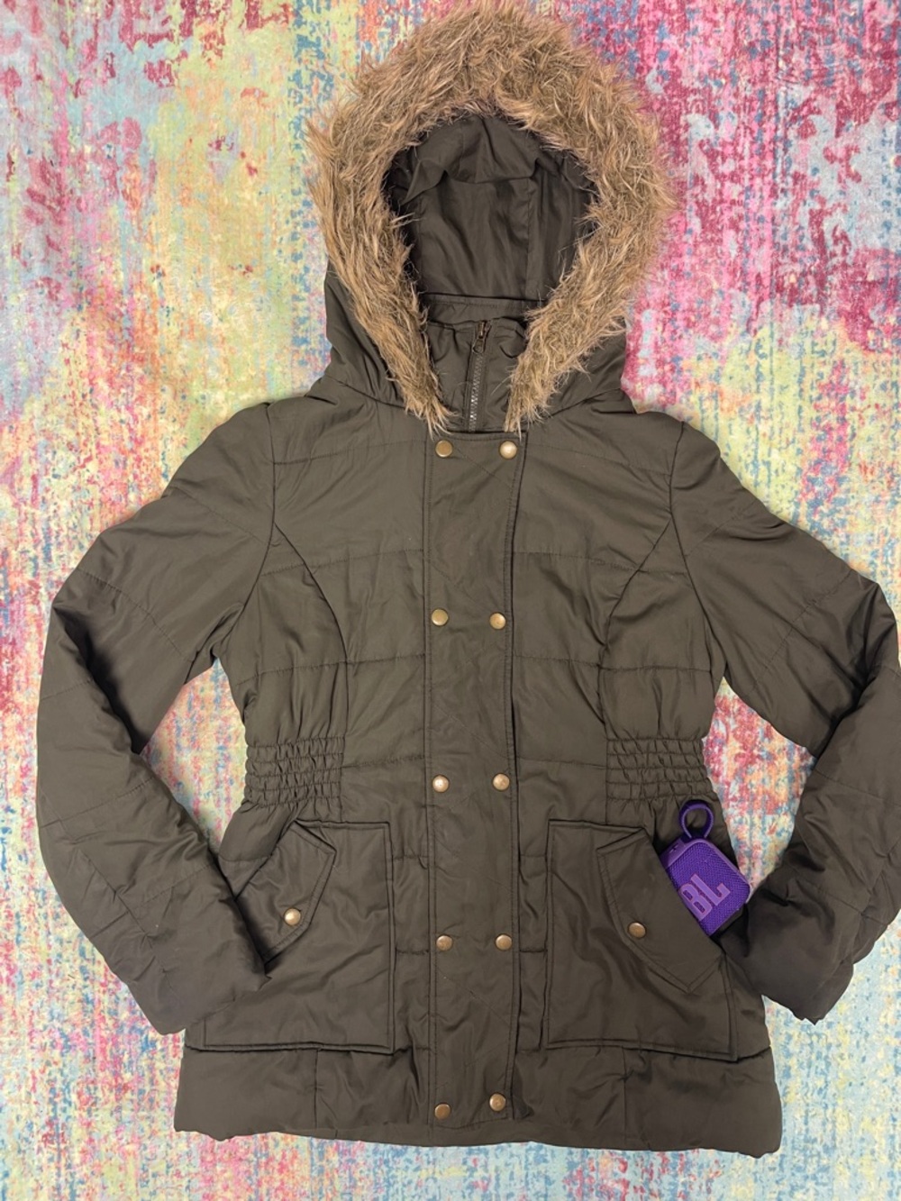 Krush Olive Hooded Quilted Puffer with Faux-Fur Trim